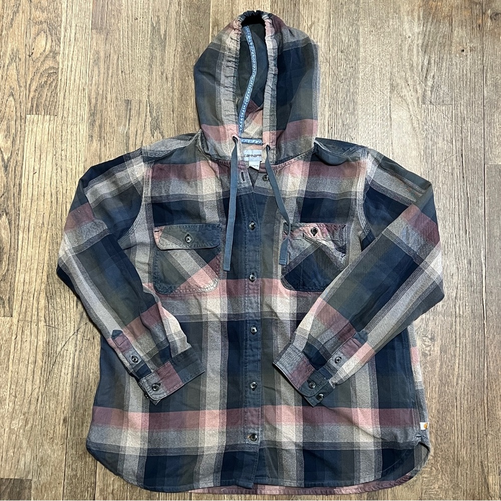 Carhartt hooded plaid button down shirt size XL